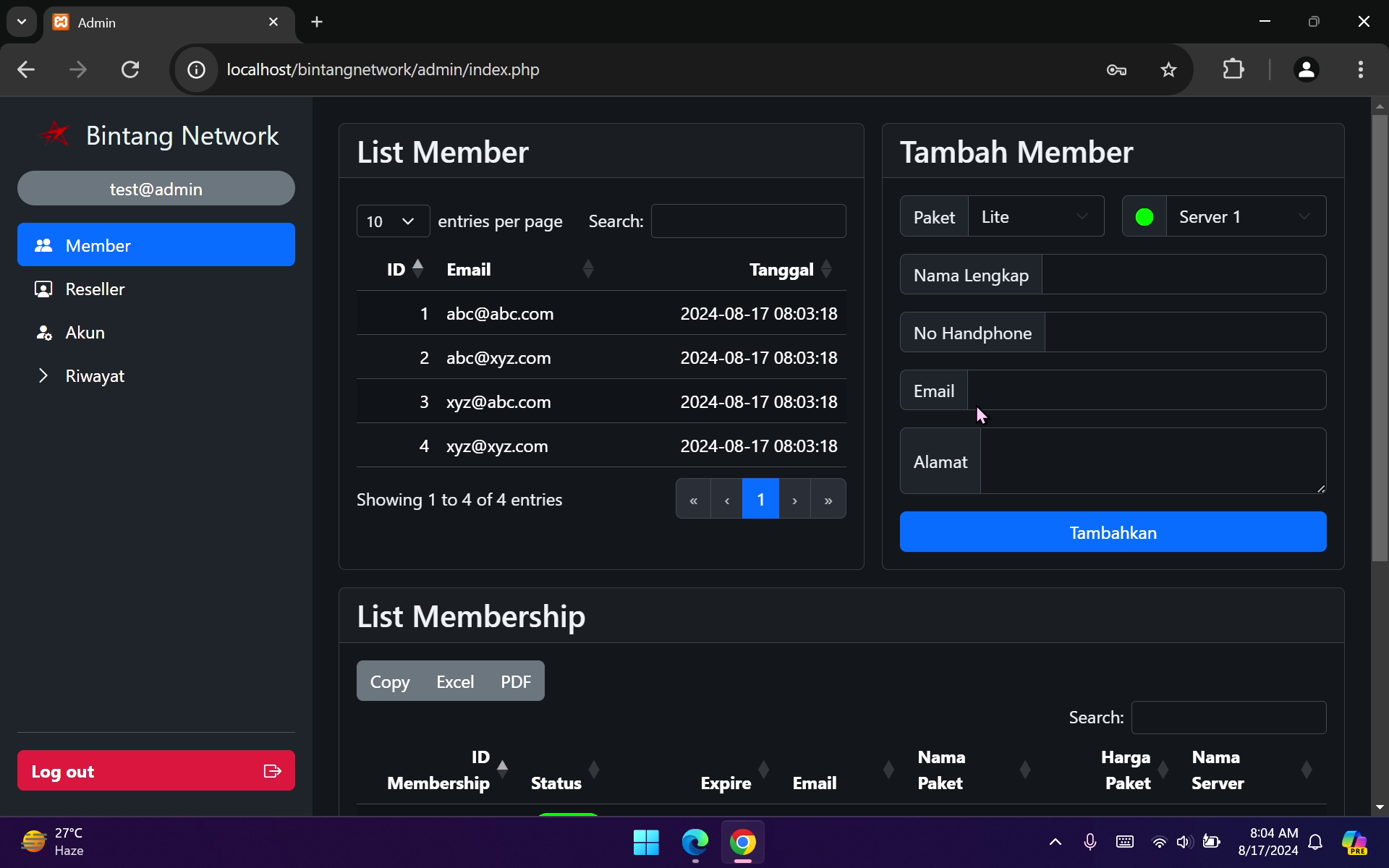 Multi-Role Dashboard Bintang Network
